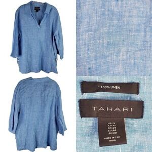 Tahari Tunic Top Womens Plus Size 1X Blue Collared Long Sleeve Buttons Lagenlook